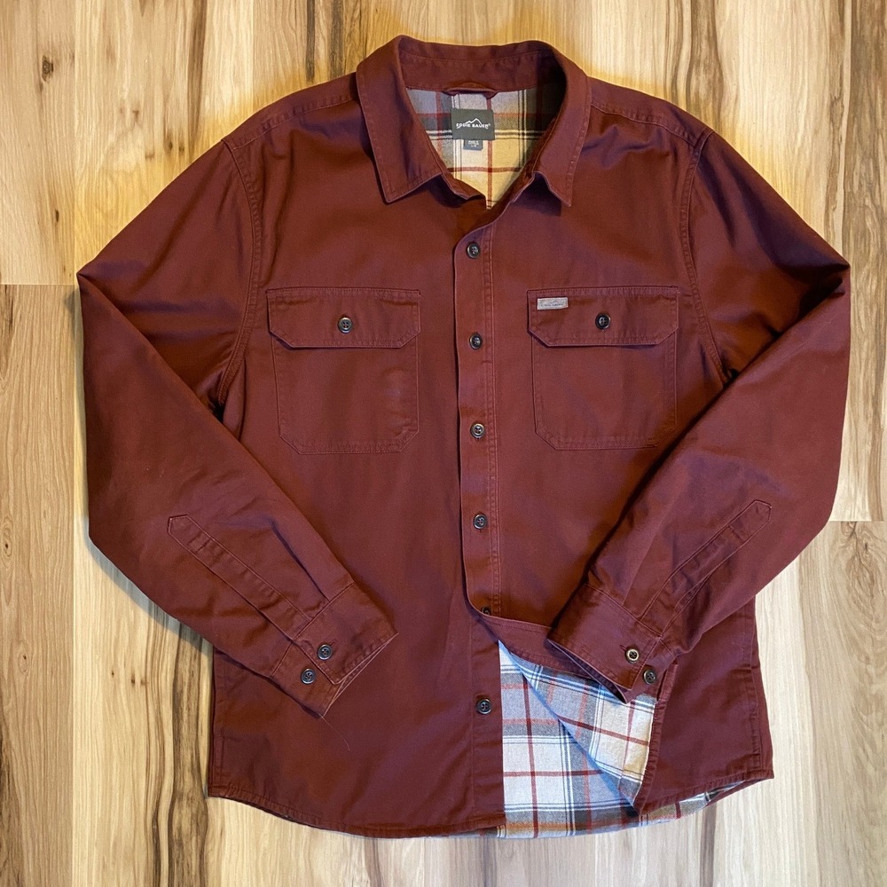 Eddie Bauer Mens Flannel Lined Shirt Jacket Burgundy Red Plaid Shacket Large
